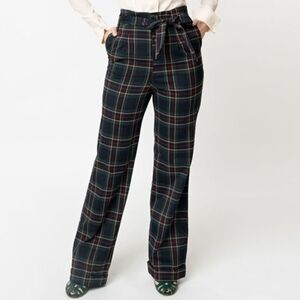 Unique Vintage 1940s Navy & Emerald Plaid Paper Bag High Waisted Myrna Pants XL